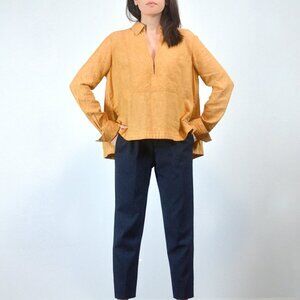 Free People Yellow Long Sleeve Collared Blouse, V-neck Linen Cotton Loose Top